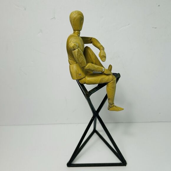 Wooden Jointed Artist Figure Sitting on Metal Stand Modern Figurine Decor 10" - Picture 4 of 7